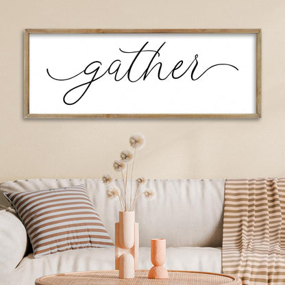 FZMHASLWW Gather Sign Wall Decor 32"×12" Large Wooden Framed for Dining Room Simple Home Kitchen Hanging Art (Wood)