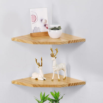 Joiishom Wood Corner Wall Shelves Set of 2, Solid Wood Corner Floating Shelves for Wall, Round End Wall Mounted Floating Corner Shelf for Bedroom, Living Room and Kitchen. (Brown-10 inch)