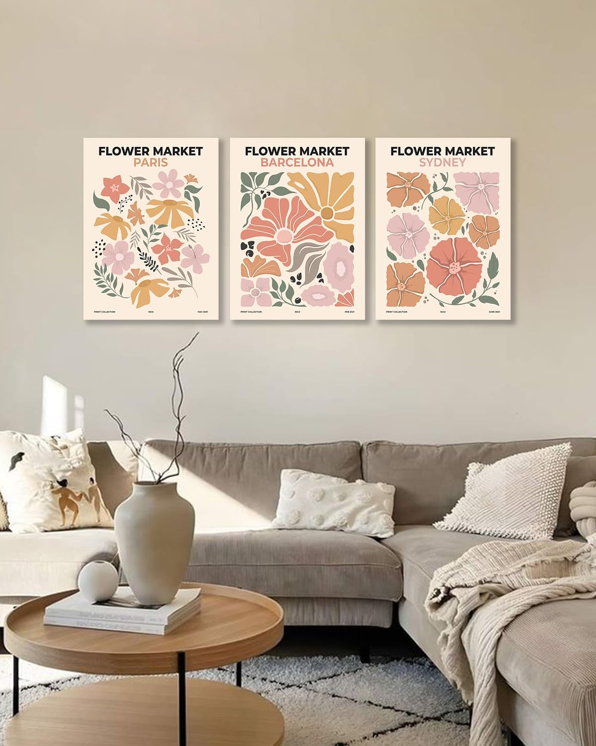 Sage Green Boho Wall Art Set of 3, Minimalist Framed Wall Art Geometric Line Leaf Sun Moon Beige Green Canvas Artwork Paintings, Abstract Botanical Boho Room Decor, Office, 12"x16"