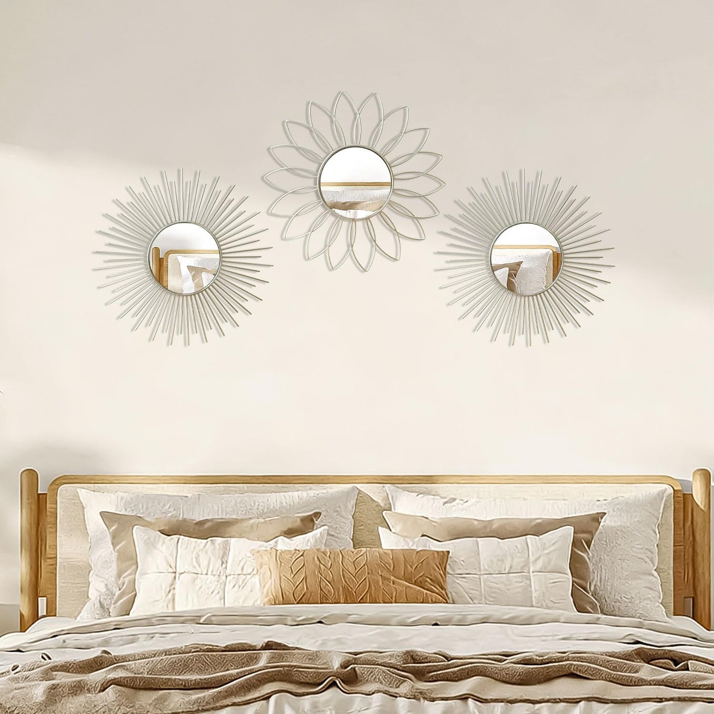 3 Pack Metal Mirrors for Wall Sunburst Wall Mirrors Home Décor Decorative Hanging Wall Art for Living Room Bedroom Entryway (Gold, Flower+Sunburst)