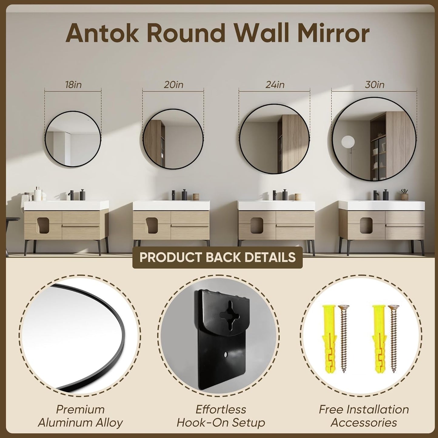 Antok 30 Inch Round Mirror for Wall, Round Bathroom Mirror, Circle Wall Mirrors with Black Metal Frame, Circle Mirrors Suitable for Wall, Bathroom, Vanity, Living Room, Entryway