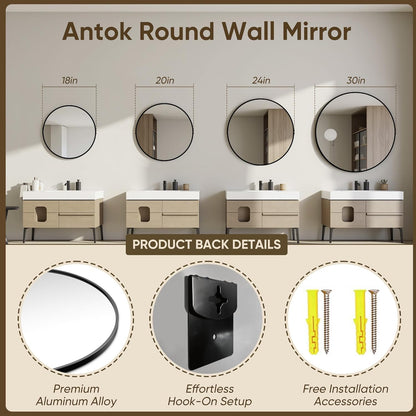 Antok 30 Inch Round Mirror for Wall, Round Bathroom Mirror, Circle Wall Mirrors with Black Metal Frame, Circle Mirrors Suitable for Wall, Bathroom, Vanity, Living Room, Entryway