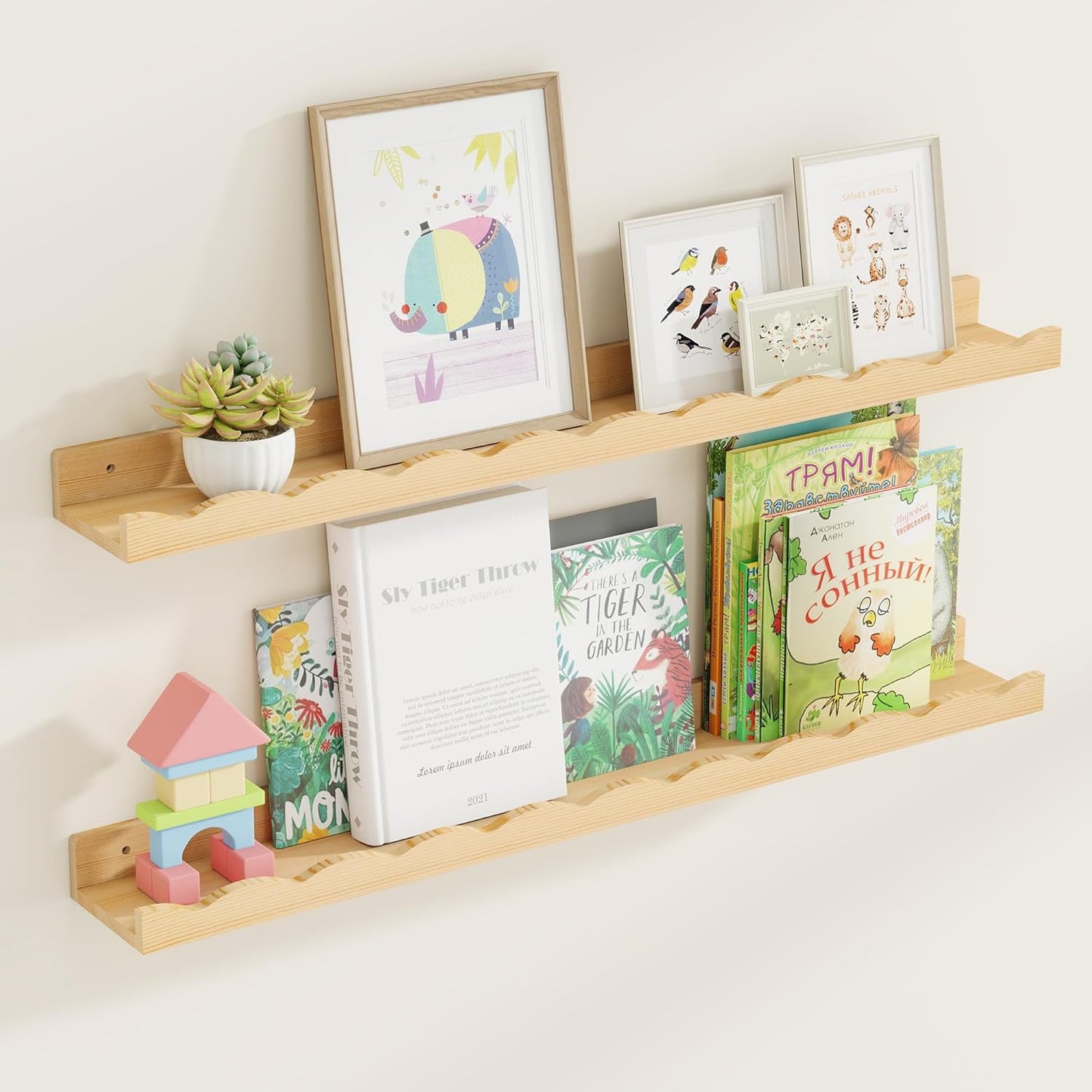 Fun Memories Picture Ledge Shelf for Wall, 24 inch Pine Wood Nursery Book Shelves Set of 2- Wall Book Shelves for Kids Room, Home Decor - Kitchen Spice-White