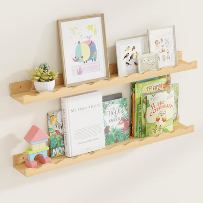 Fun Memories Picture Ledge Shelf for Wall, 24 inch Pine Wood Nursery Book Shelves Set of 2- Wall Book Shelves for Kids Room, Home Decor - Kitchen Spice-White