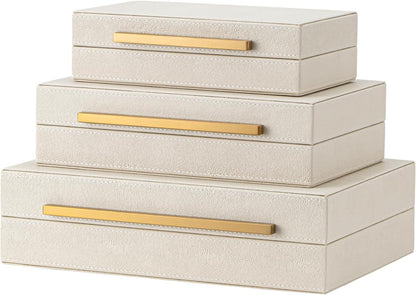 XIGEXIGE Set of 3 Beige Shagreen Decorative Storage Boxes with Black Metal Handles –Faux Leather Large Modern Stackable Nesting Jewelry Box with Lids Organizer