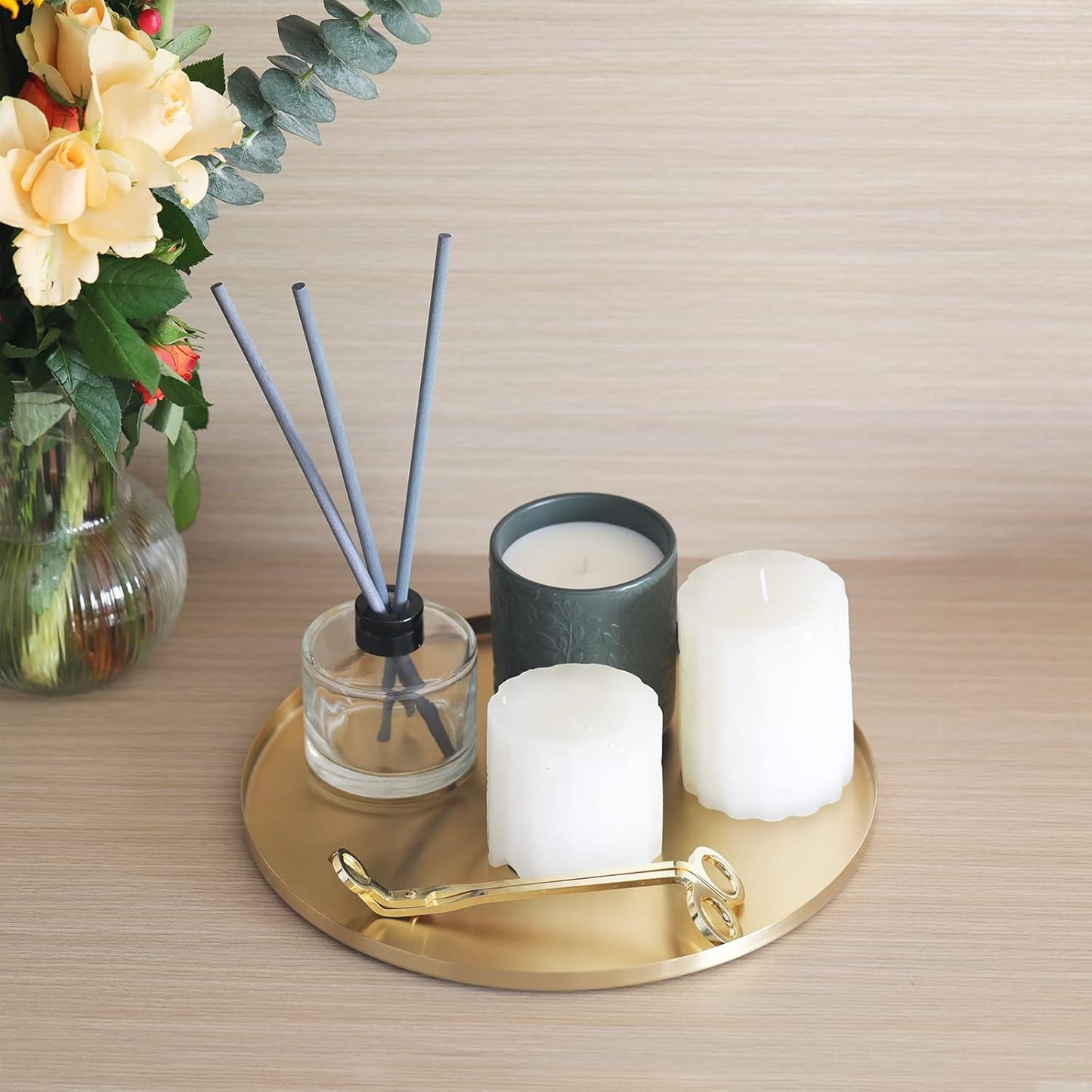 FREELOVE Gold Tray, Round Brass Serving Platter, Bar Circle Decorative Plate, Coffee Table Metal Decor Dishes, Brushed Hammered Coasters, Counter Bathroom Kitchen Dessert Cart Display Food, 12 inch