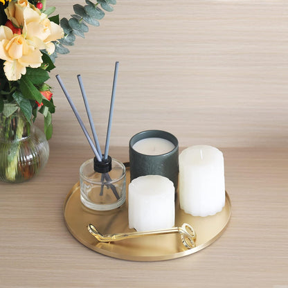 FREELOVE Gold Tray, Round Brass Serving Platter, Bar Circle Decorative Plate, Coffee Table Metal Decor Dishes, Brushed Hammered Coasters, Counter Bathroom Kitchen Dessert Cart Display Food, 12 inch