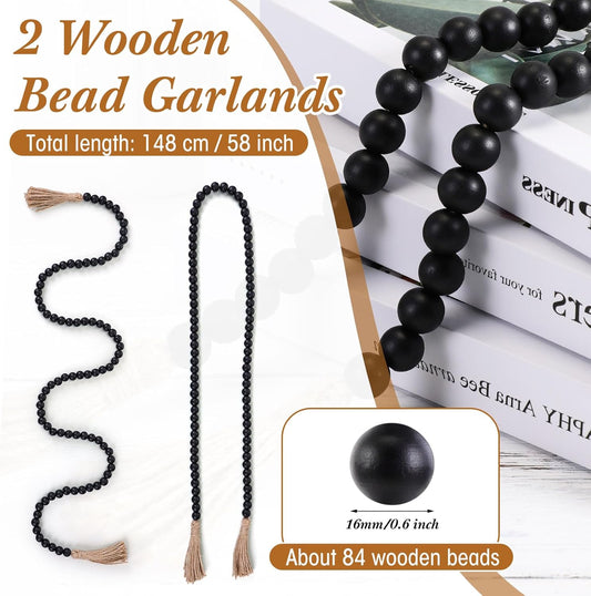 Geetery 2 Pcs 58'' Bead Garland with Tassels, Rustic Country Decor, Boho Wall Hanging for Farmhouse Style, Versatile Prayer Beads for Home, Table, or Wall Decoration (Black)