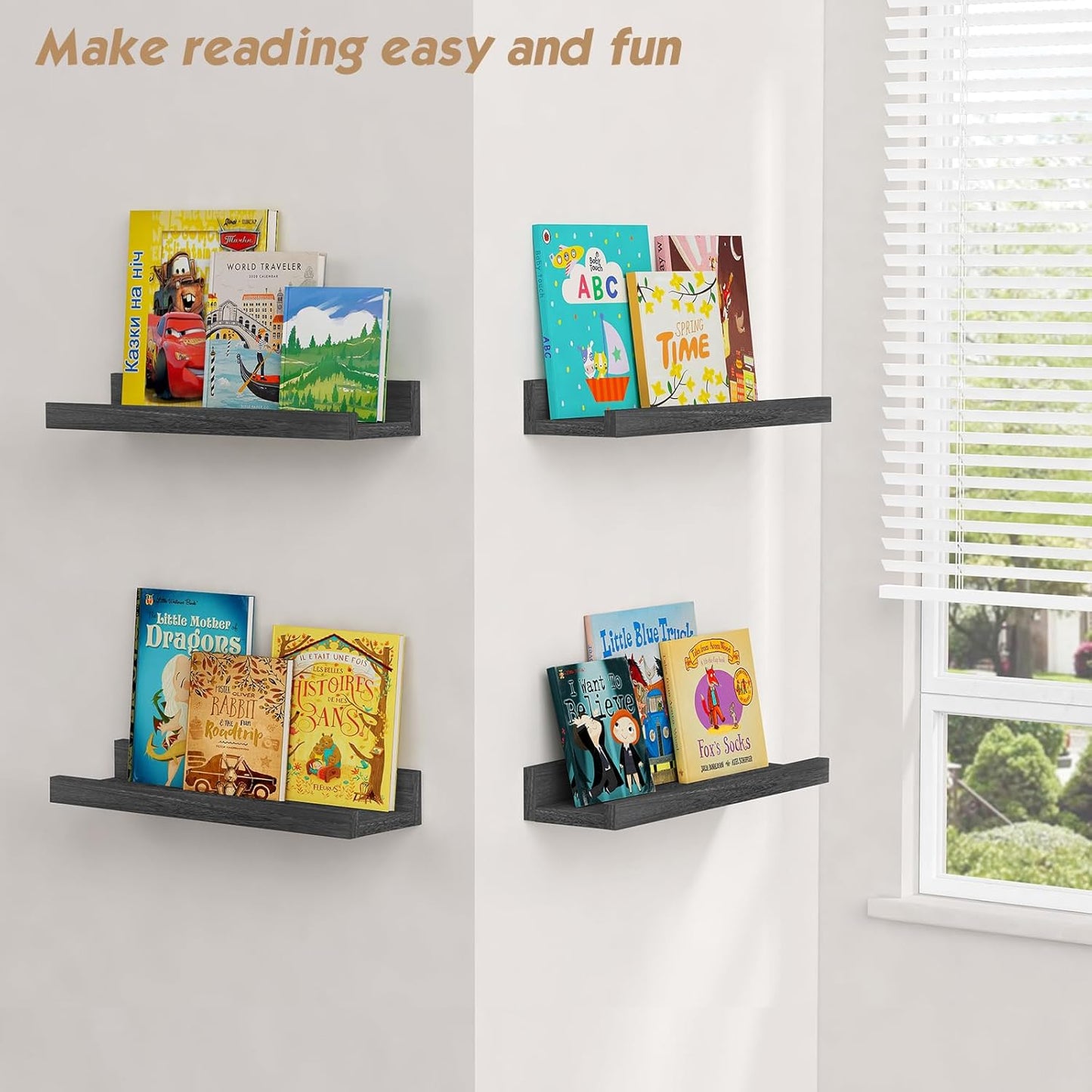 Forbena 36 Inch Floating Shelves for Wall 4-Pack, Large Nursery Book Shelves Bookshelf for Kids Bedroom, Long Picture Ledge Shelf with Lip for Living Room Photo Frames Art Display (White Solid Wood)