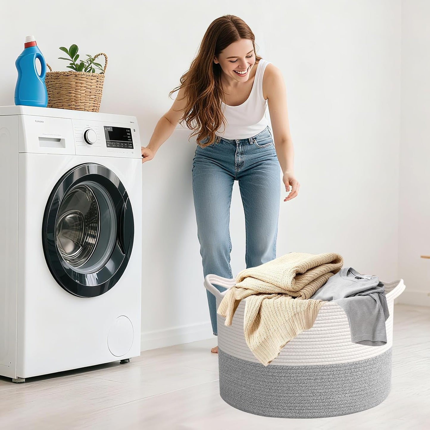 Large Woven Blanket Basket,65L Cotton Rope Laundry Basket Hamper with Handles, Decorative Nursery Basket Storage Bin for Toys, Clothes Organizer, Living Room, Bedroom, Bathroom, White & Brown