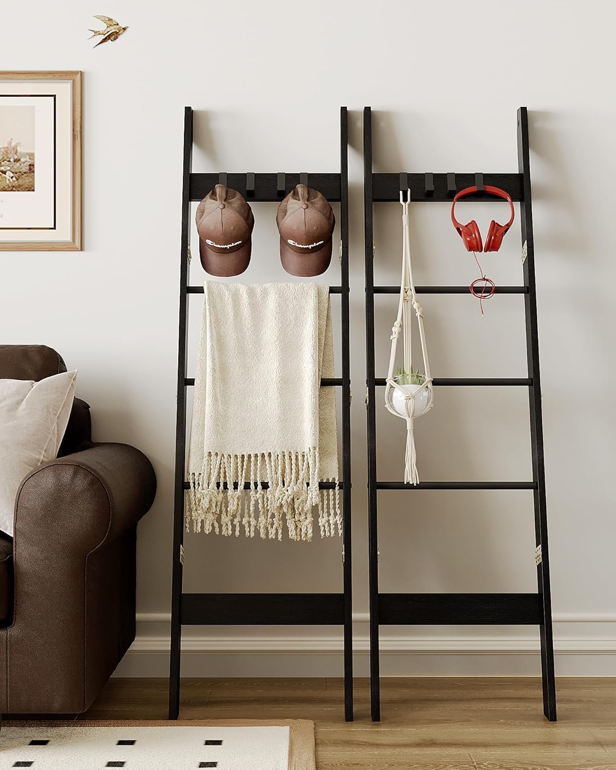 Hzuaneri Blanket Ladder for Living Room, Decorative Quilt Rack with 4 Removable Hooks, 5-Tier Farmhouse Ladder Holder Shelf Organizer for Bedroom, Rustic Brown and Black 02101BBR