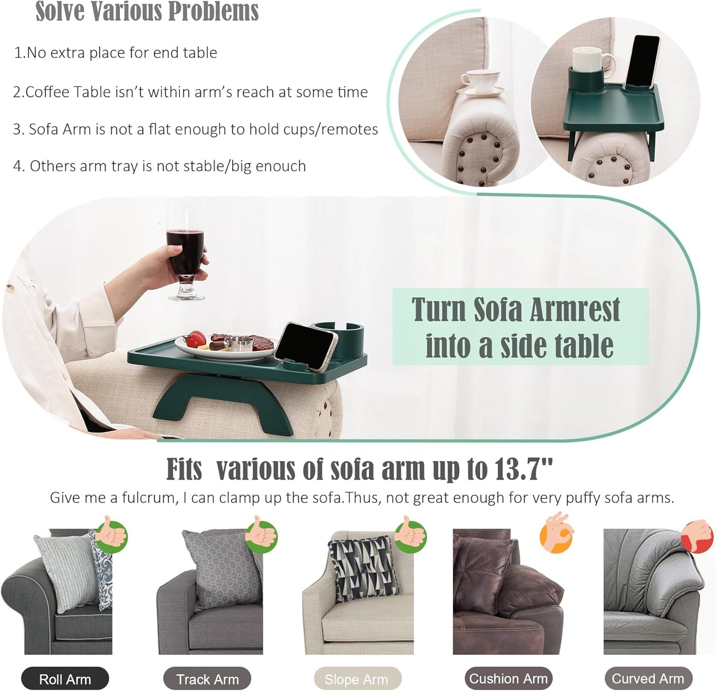 Nnewvante Couch Cup Holder Tray, 3 in 1 Large 15.36"x9.85" Acacia Wood Sofa Arm Clip on Tray Table with 360°Rotated Phone Holder on Armrest