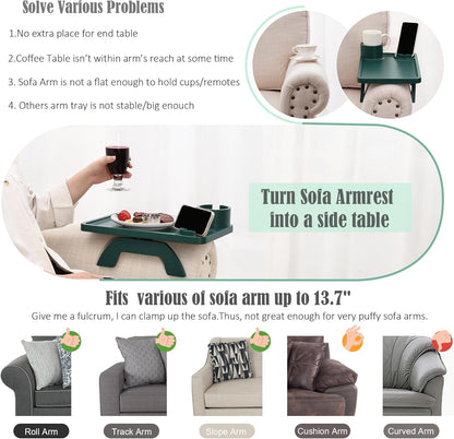 Nnewvante Couch Cup Holder Tray, 3 in 1 Large 15.36"x9.85" Acacia Wood Sofa Arm Clip on Tray Table with 360°Rotated Phone Holder on Armrest