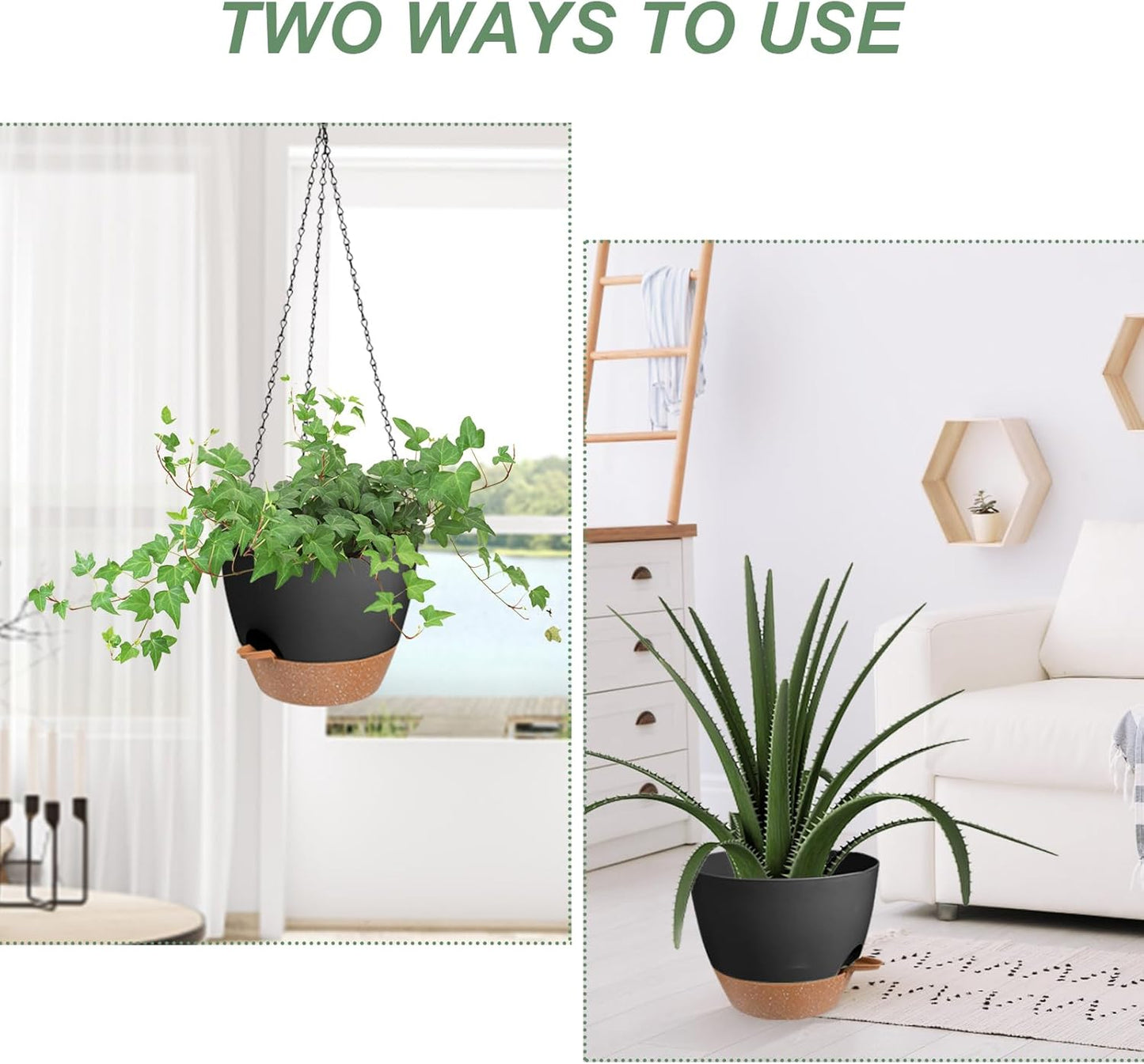 Vanslogreen Hanging Planters for Indoor Outdoor Plants, 2 Pack Self Watering Hanging Pot with Drainage Holes & Removable Tray (Black, 8'')