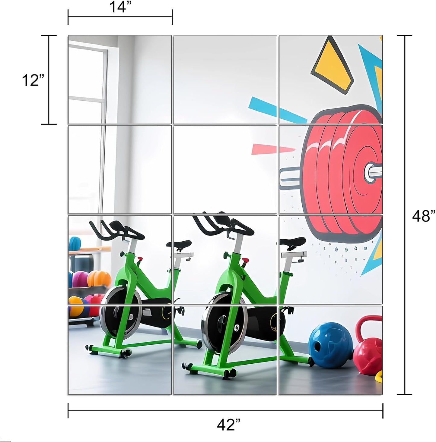 Ruomeng Home Gym Mirrors 12 Inch x 12Pcs Wall Mounted Mirror Glass Frameless Full Length Mirror Tiles for Home Gym, Bedroom, Door & Bathroom