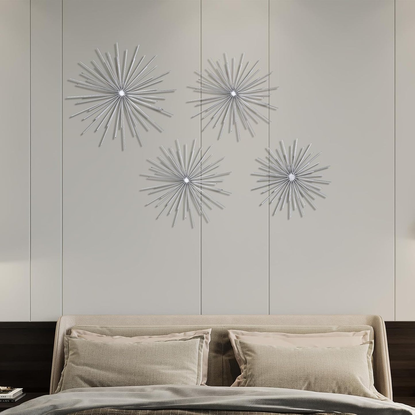 Shimeyao 4 Pcs Metal Starburst Wall Decor Black Metal Wall Art 3D Spike Bling Finish Star Burst Hangings Accents Sculptures Set Modern Mid Century Decorations for Living Room Bedroom Entryway