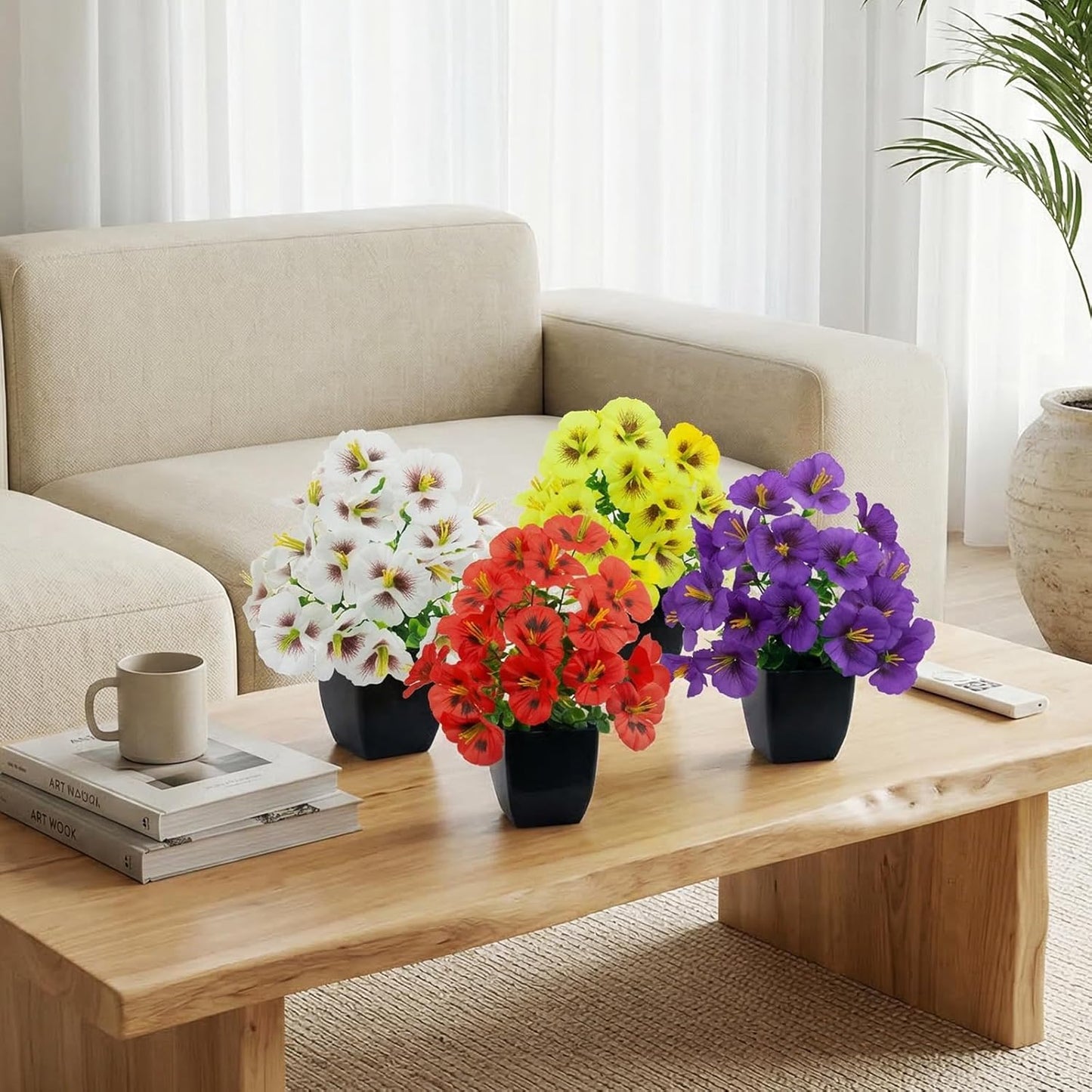 LOYWREE 4 Pack Small Artificial Mums Flowers in White Pots, Fake Mini Potted Plants, Spring Floral Decor for Home Bathroom Shelves Office Desk Table Centerpiece Indoor Decoration