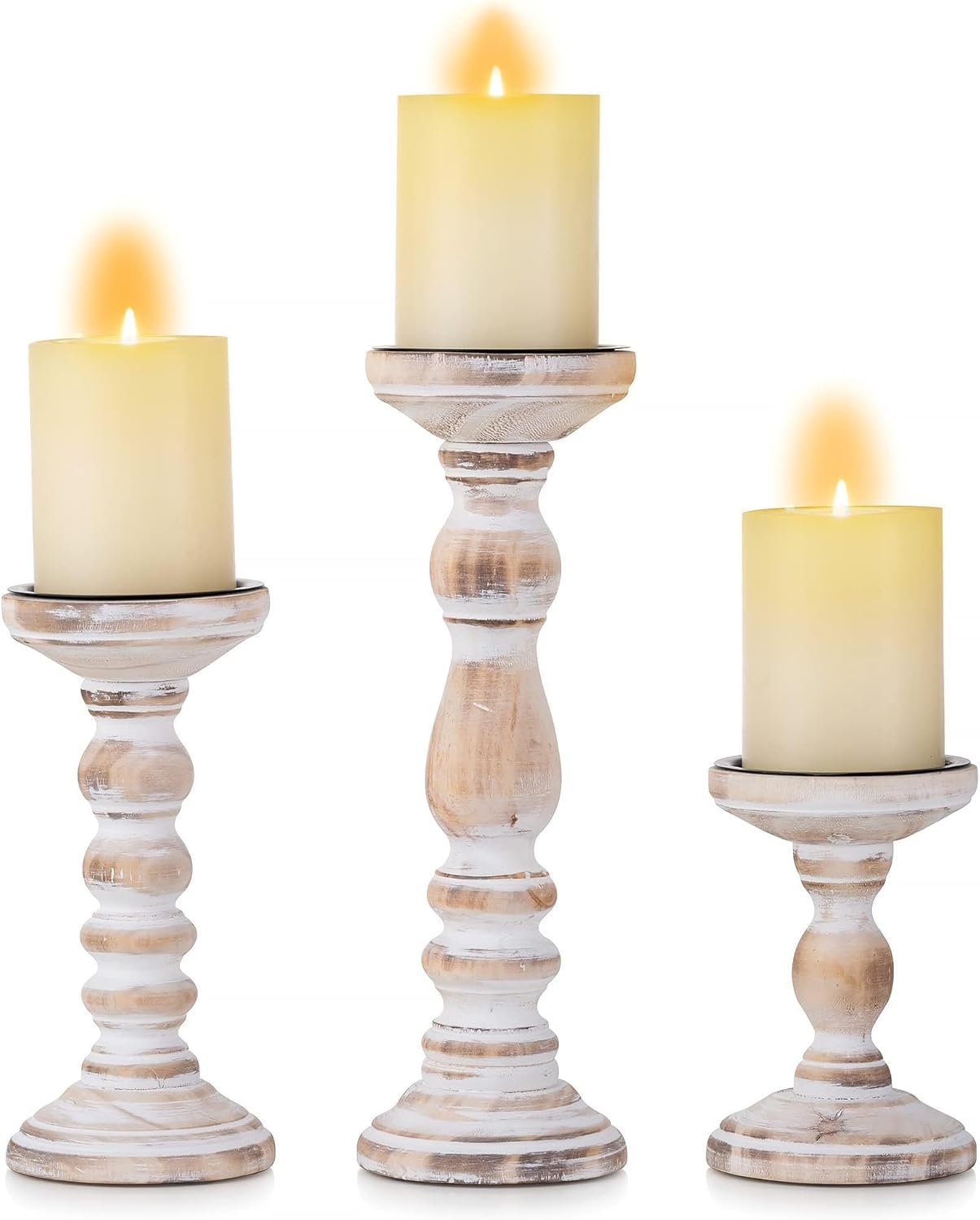 Wood Pillar Candle Holder: 3Pcs Rustic White Candle Holders for Pillar Candles Wood Candle Holders Distressed Wooden Farmhouse Candle Holder Large Rustic Candle Holder for Fireplace Table
