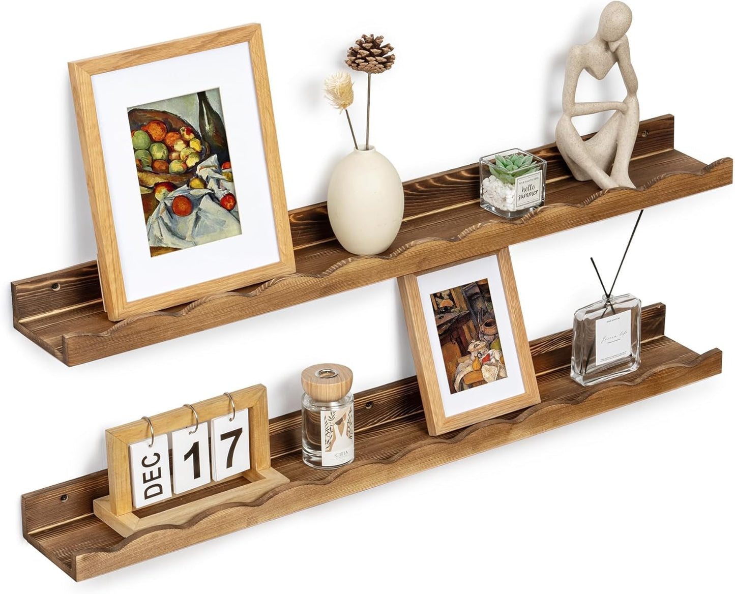Fun Memories Picture Ledge Shelf for Wall, 24 inch Pine Wood Nursery Book Shelves Set of 2- Wall Book Shelves for Kids Room, Home Decor - Kitchen Spice-White