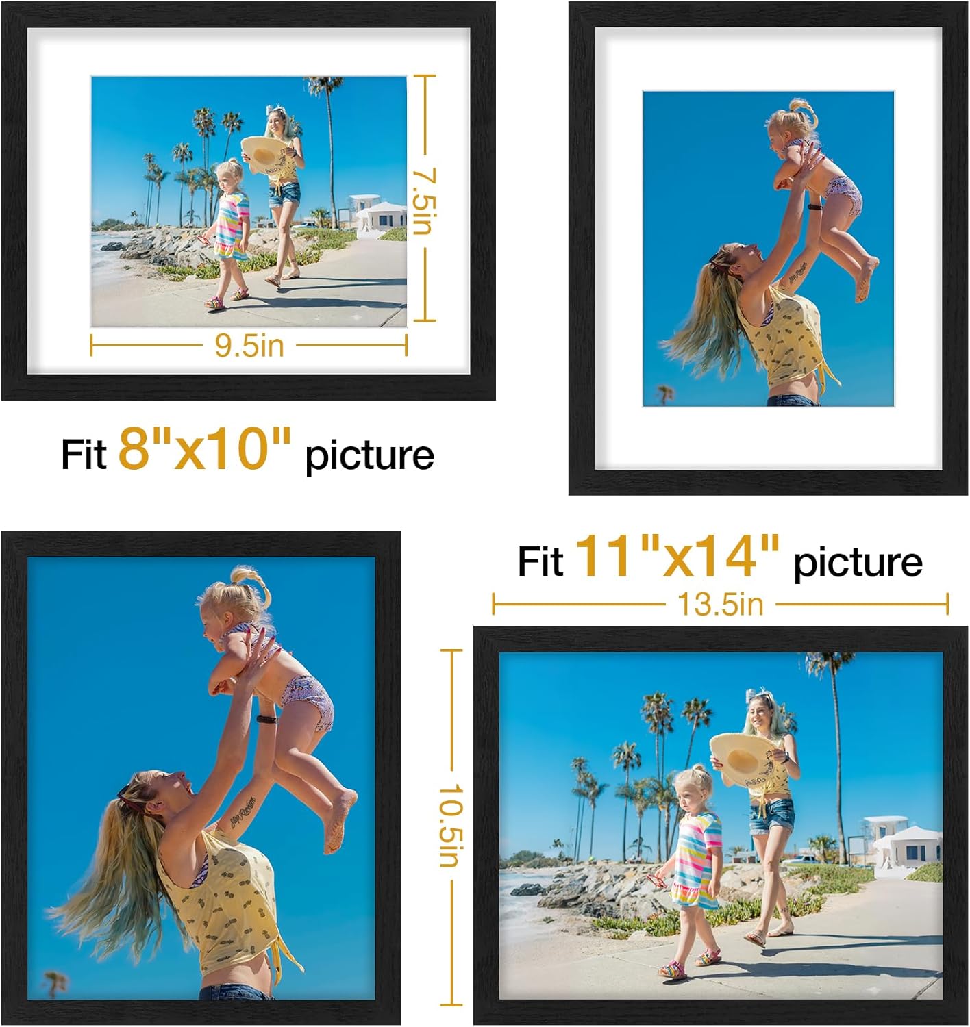 Vittanly 8x10 Picture Frames Set of 9, Shatter Resistant Plexiglass, Display 5x7 Pictures with Mat or 8x10 without Mat, Photo Frames for Wall or Tabletop, Engineered Wood, Black - Colors B