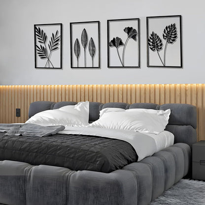 QXSXKJ Black Metal Wall Decor Framed, 3d Modern Metal Wall Art with Light, Minimalist Abstract Black Line Art DéCor, 4 Piece Home Art for Living Room Bedroom Bathroom