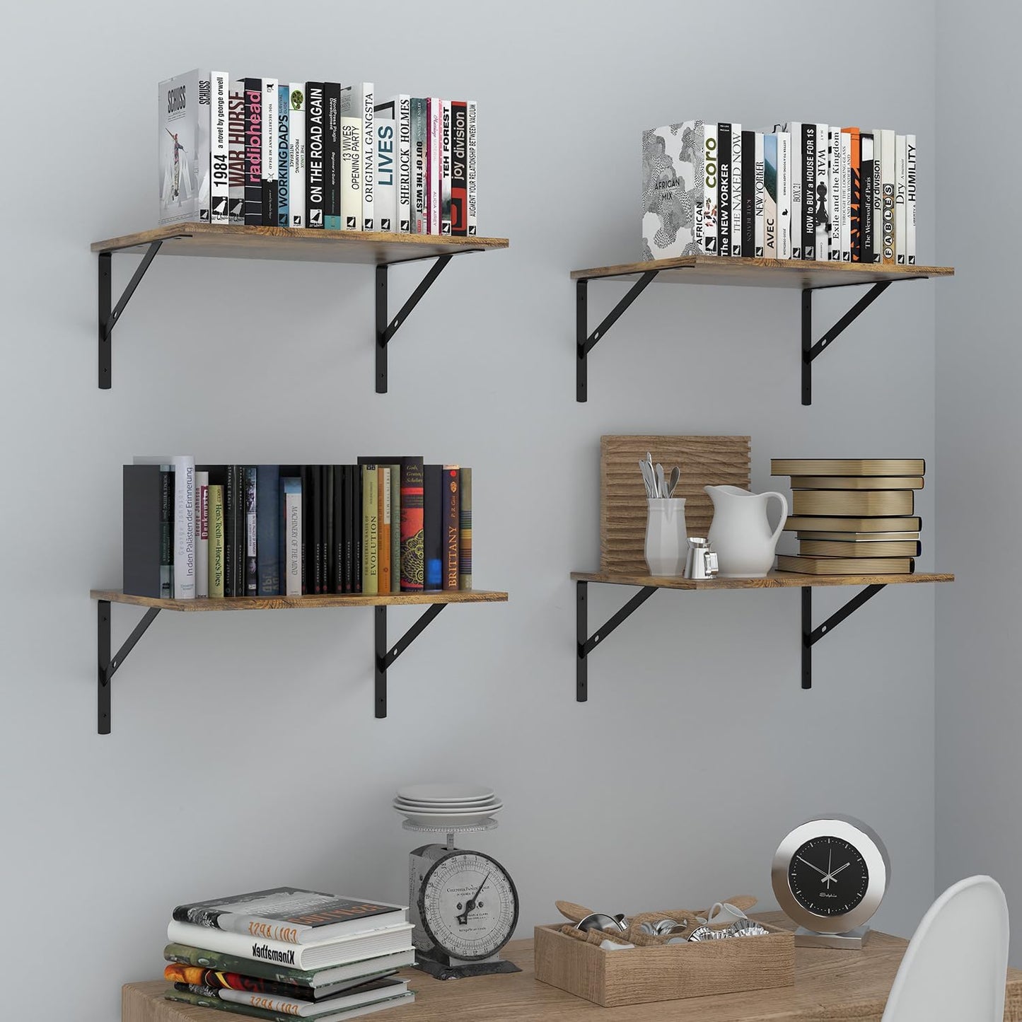 Deep Floating Wall Shelves - 4 Sets of 12 Inch Wide Black Wood Shelves for Bathroom, Bedroom, Kitchen, Living Room