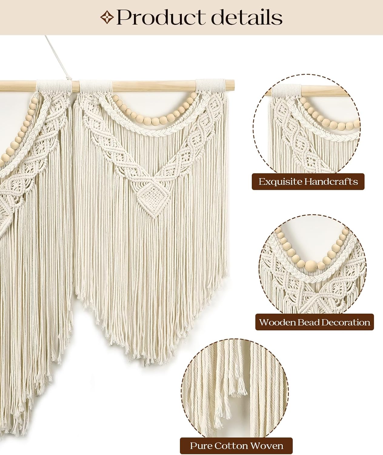Tempospark Large Macrame Wall Hanging, 43" Wx32 L Boho Wall Hangings for Living Room Bedroom Nursery, Boho Chic Large Macrame Tapestry for Bedroom Wall Decor (Tassel)