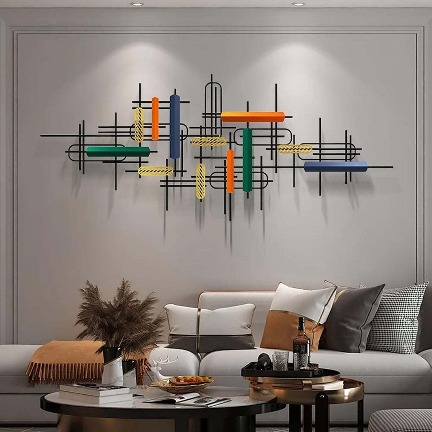 homary Large Metal Wall Art – 47.2" Modern 3D Abstract Geometric Overlapping Design, Iron Wall Decor for Living Room, Dining Room, Office