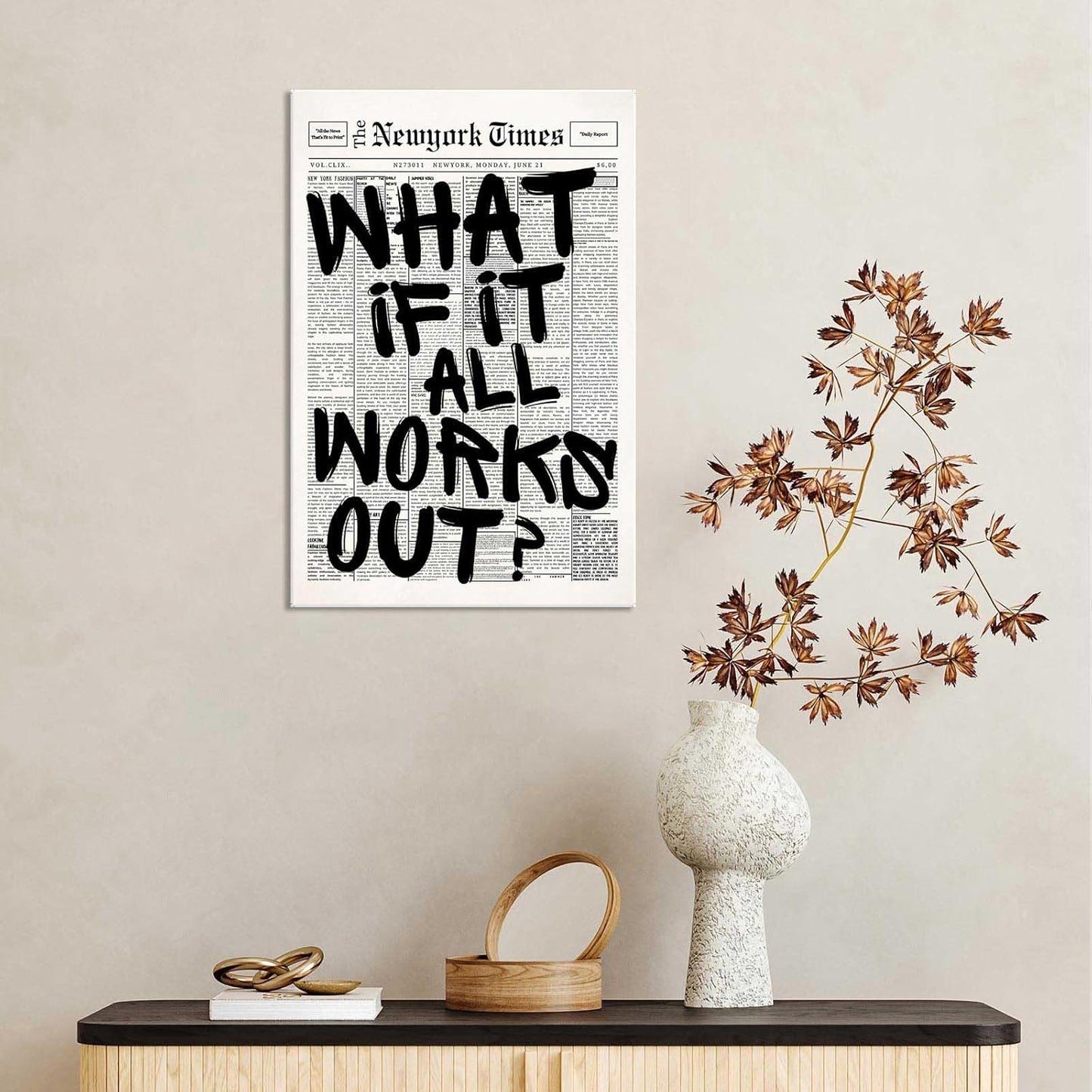 Retro Black And White Newspaper Poster What If It All Works Out Canvas Wall Art Positive Affirming Quote Minimalist Prints Painting For Home Bedroom Dorm Wall Decor 12x16in Unframed