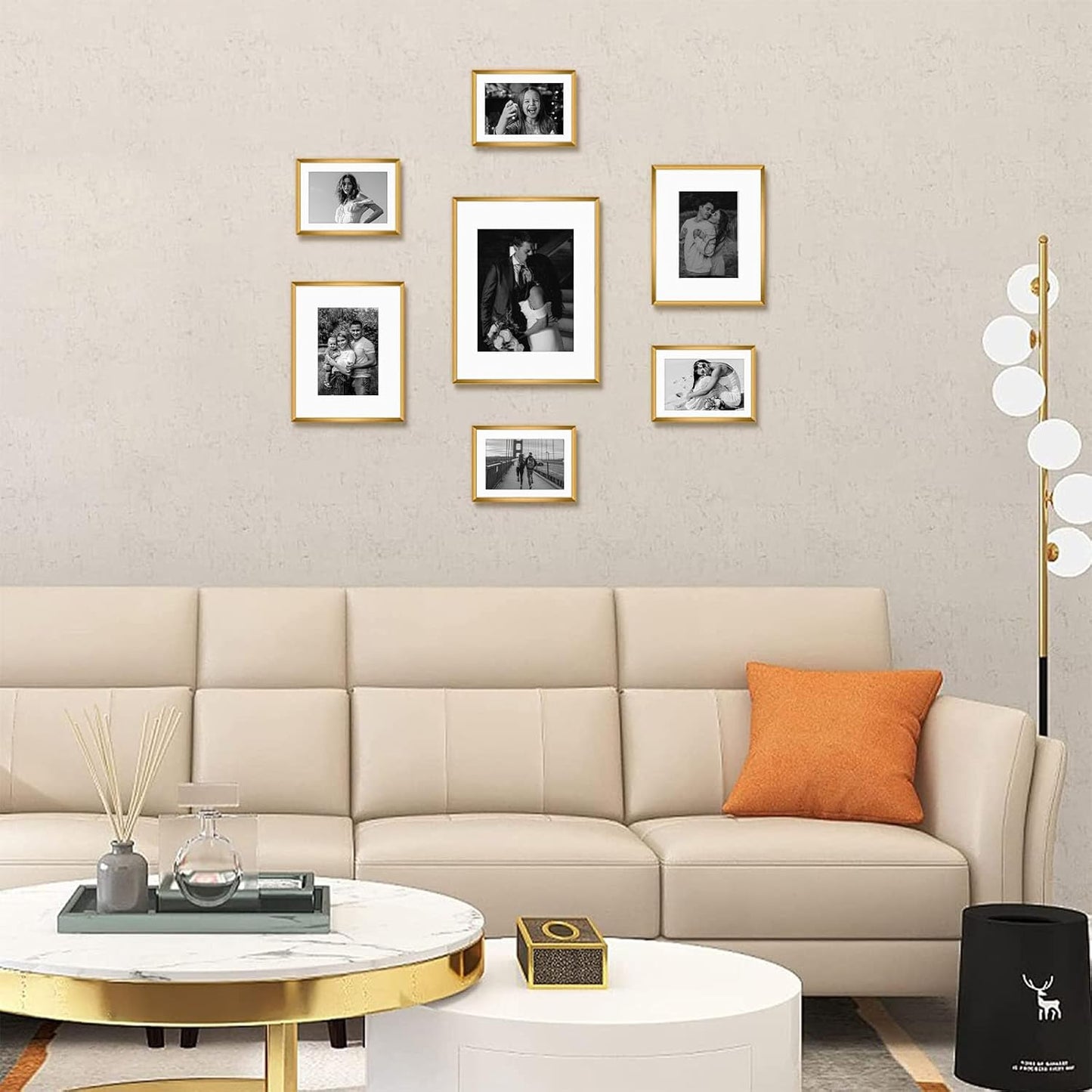 Frametory, Black Aluminum Picture Frame with Removable Mat - Set of 7 Includes Four 5x7, Two 8x10, One 11x14 - Real Glass Front - Simple Gallery Wall Frames for Art Prints and Posters
