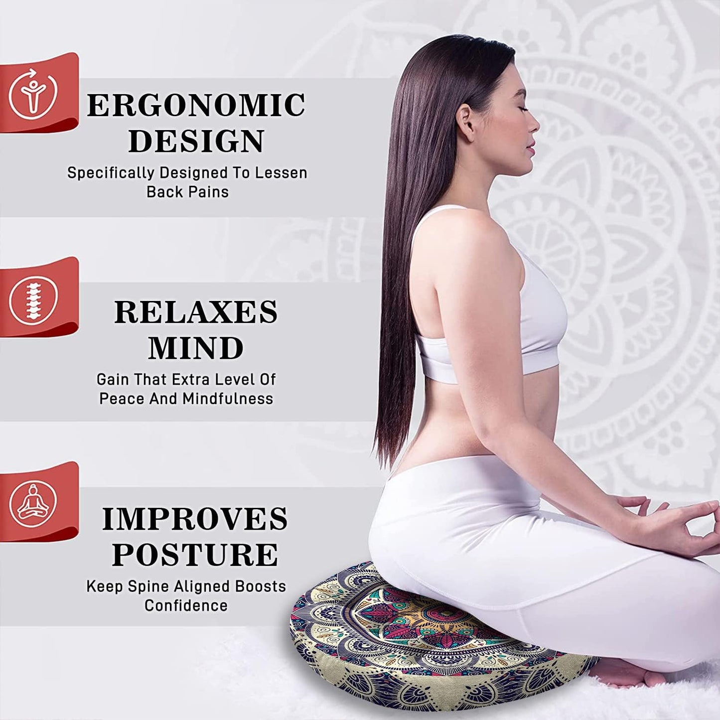 Mandala Meditation Cushion, Boho Meditation Mat, Meditation Pillows for Sitting on Floor, Cushions for Sitting in Home and Outdoor, Square Floor Pillow Cushion Seating for Yoga Accessories 22'' X 22''