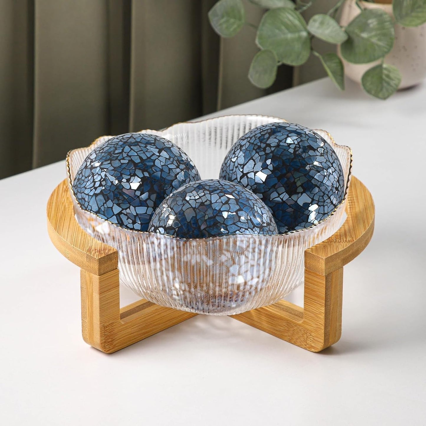 3Pcs Mosaic Glass Orbs Decorative Balls Set 8.5cm/3.35inch Blue Sphere Wedding Party Home Decor Table Centerpiece