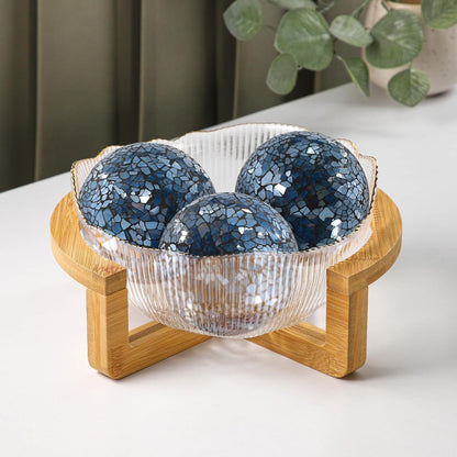 3Pcs Mosaic Glass Orbs Decorative Balls Set 8.5cm/3.35inch Blue Sphere Wedding Party Home Decor Table Centerpiece