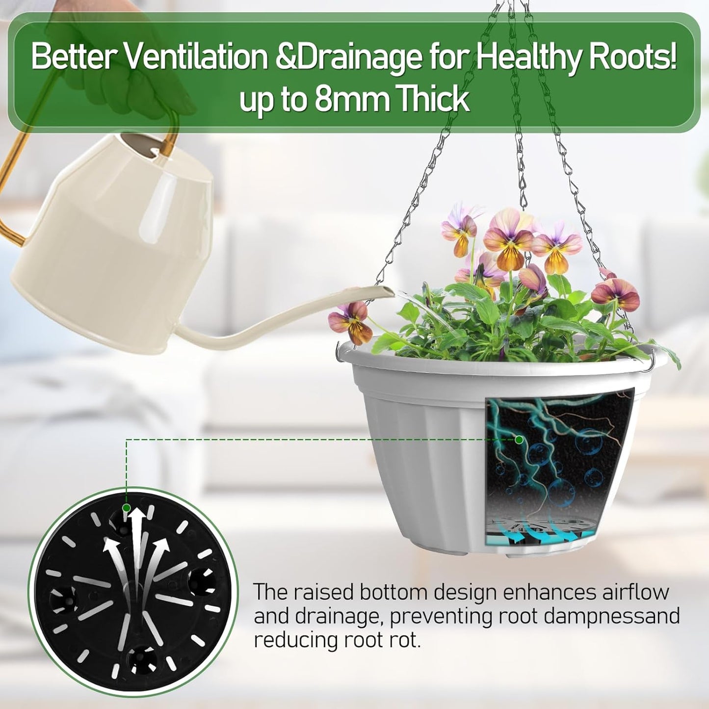 FGstyle Hanging Planters 10 Inch, 4 Pcs Self Watering Pots for Indoor Plants,Plastic Hanging Basket with Soil Elevator and 20" Chain for Home Garden Porch Balcony Patio Decor(Black)