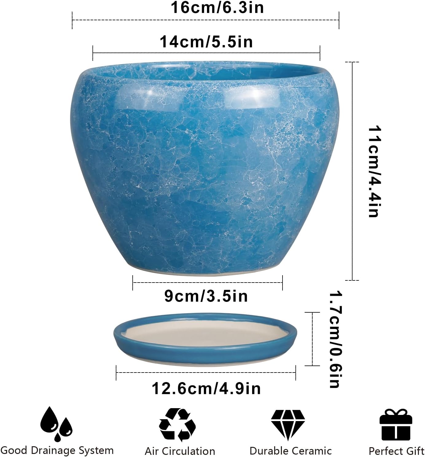 Ceramic Modern Glaze Succulent Planter Pot with Drainage Hole and Saucer 6 Inch Round Flower Plant Pot for Indoor Outdoor Herb Snake Plants