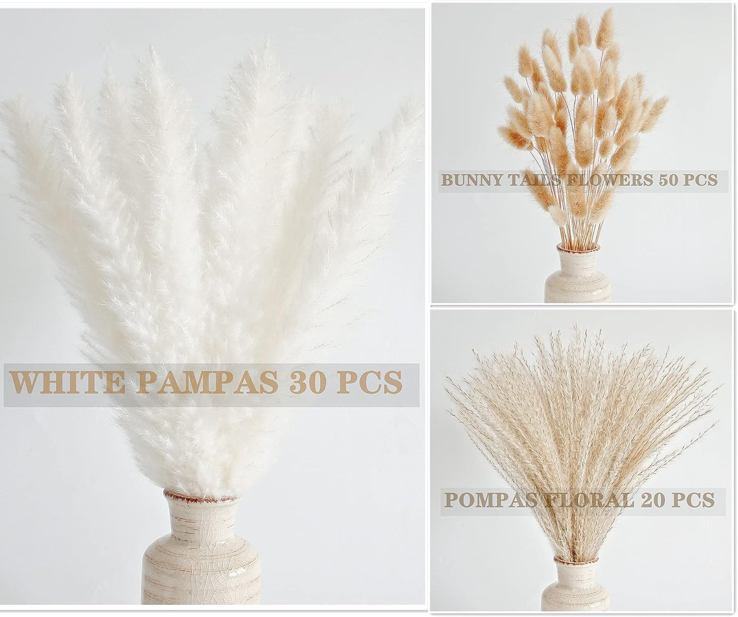 65PCS Pampas Grass Decor, Including pompas Floral, Reed Dried Grass and Bunny Tails Dried Flowers, Natural Dried Pampas Grass Bouquet for Boho Decor Wedding, Home Decoration