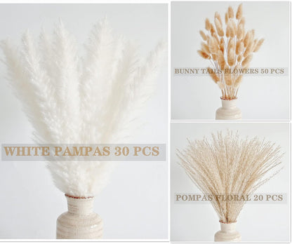 65PCS Pampas Grass Decor, Including pompas Floral, Reed Dried Grass and Bunny Tails Dried Flowers, Natural Dried Pampas Grass Bouquet for Boho Decor Wedding, Home Decoration