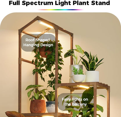 Bamworld Plant Stand Indoor with Grow Lights Wood Plant Shelf for Hanging Planter Pots Display Flower Stand for Living Room Patio Garden Decor