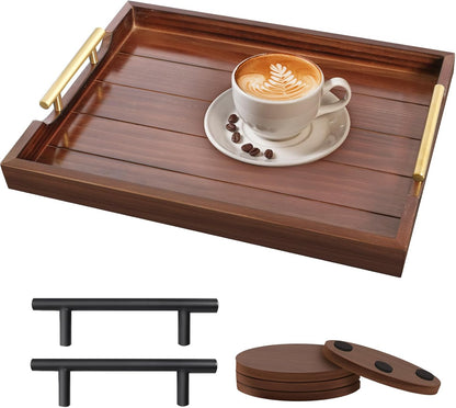 SXNOWS Coffee Table Trays - Large Ottoman Tray for Living Room -Wood Serving Tray with 2 Sets of Handles - Wooden Tray for Coffee Table, 4 Round Coasters Included, Black