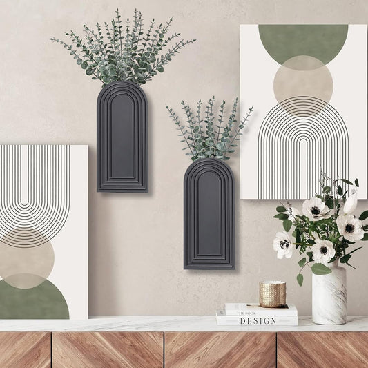 Dnnnii 2 Pack Wooden Wall Vase Set - Brown Finish Modern Farmhouse & Boho Wall Decor for Entryway, Hallway, Bathroom, Living Room, Dining Room, Narrow Spaces
