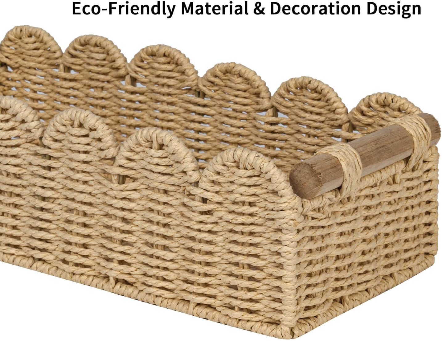 CubesLand Paper Rope Scalloped Edge Toilet Paper Storage Basket, Small Living Room, Bedroom Decor Baskets for Over Toilet Storage Shelf, End Table, Shelves and More, with 2 Wooden Handle, Neutral