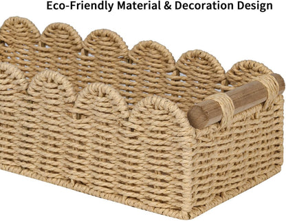 CubesLand Paper Rope Scalloped Edge Toilet Paper Storage Basket, Small Living Room, Bedroom Decor Baskets for Over Toilet Storage Shelf, End Table, Shelves and More, with 2 Wooden Handle, Neutral