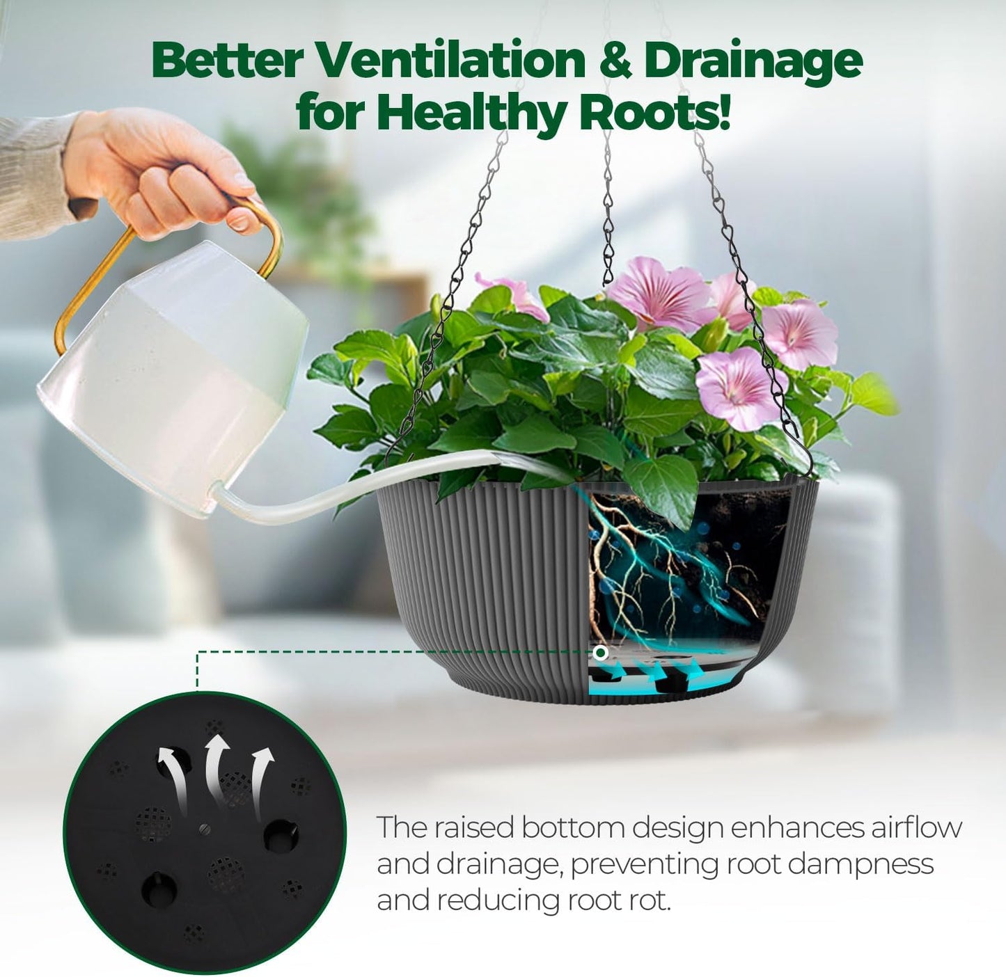 T4U 10 Inch Hanging Planters for Indoor Plants, 2 Pack White Self Watering Hanging Plant Pot, Hanging Pots Set with Drainage Hole & Plug & Chain with 3 Hooks for Garden Home Decor