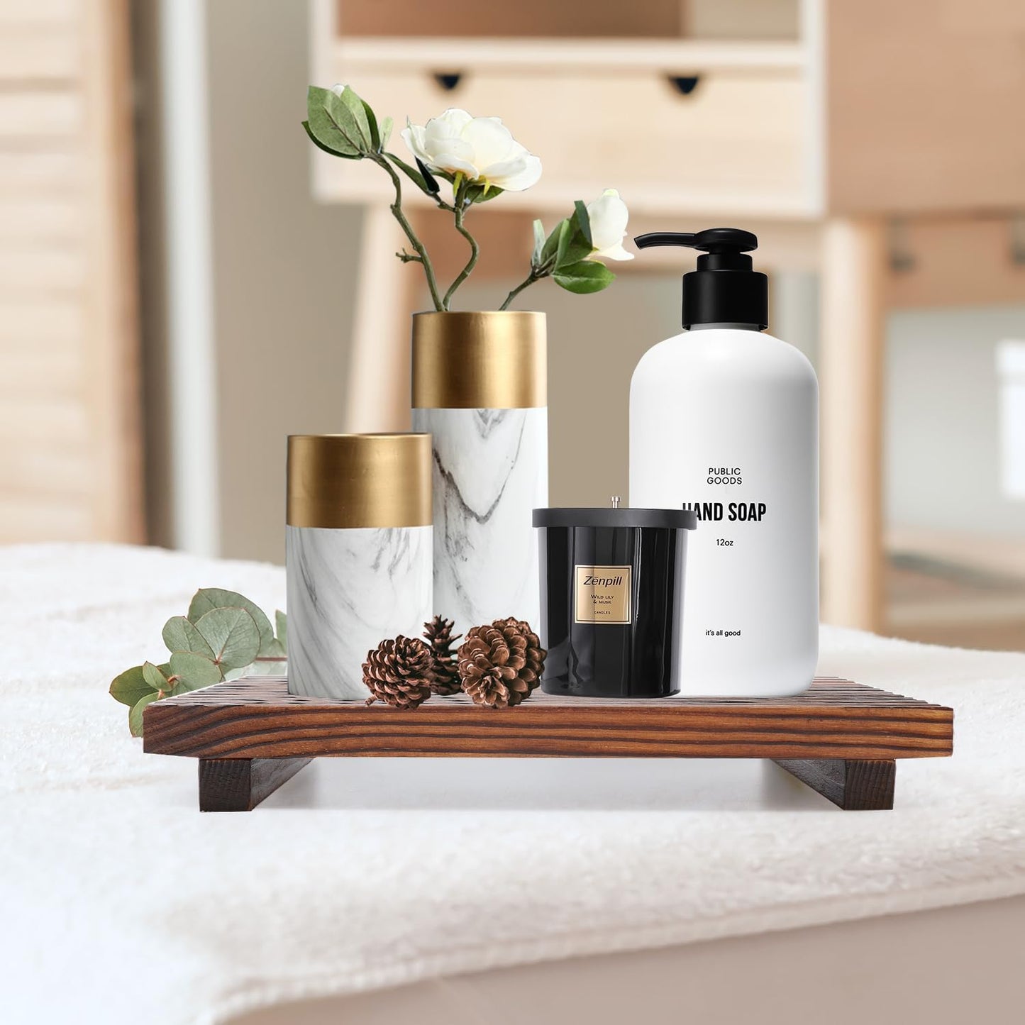 Renawe Farmhouse Bathroom Counter Tray Wood Display Pedesta Stand Kitchen Countertop Trays Decorative Wooden Riser Dish Soap Dispenser Holder for Bathroom Sink Accessories Kitchen Decor Vanity Tray