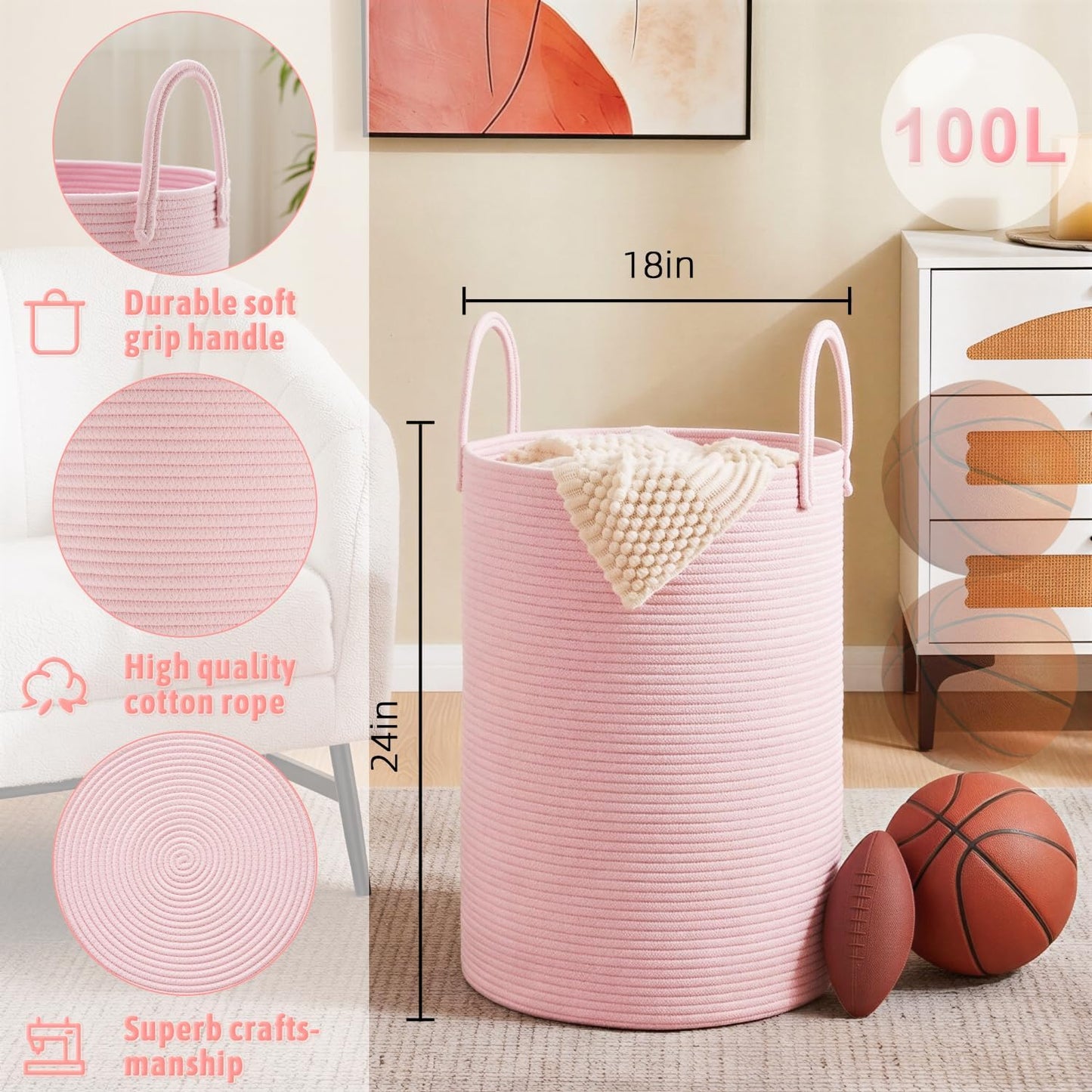 Artfeel Laundry Basket,Woven Cotton Rope Laundry Hamper,60L for Decor Storage of Dirty Clothes,Toys and Blankets in Bathroom,Baby Room and Living Room