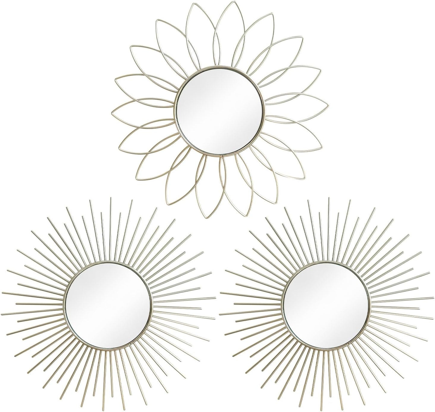 3 Pack Metal Mirrors for Wall Sunburst Wall Mirrors Home Décor Decorative Hanging Wall Art for Living Room Bedroom Entryway (Gold, Flower+Sunburst)