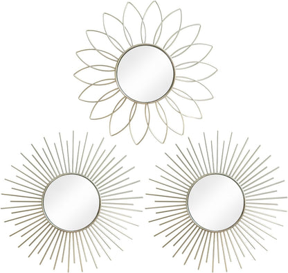3 Pack Metal Mirrors for Wall Sunburst Wall Mirrors Home Décor Decorative Hanging Wall Art for Living Room Bedroom Entryway (Gold, Flower+Sunburst)
