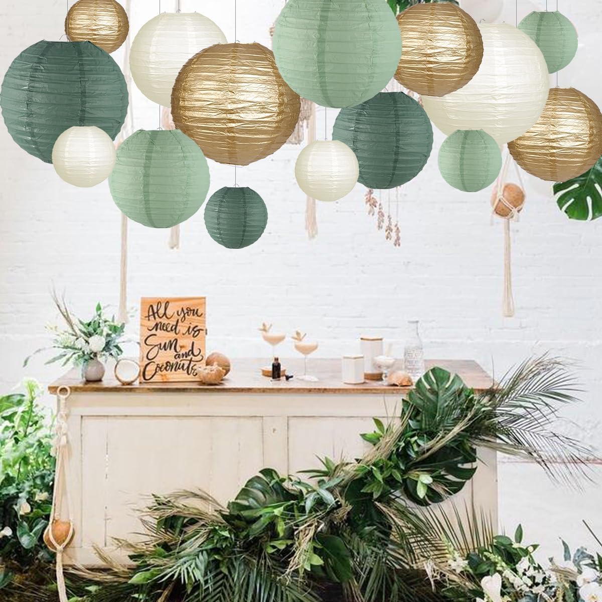 Paper Lanterns Decorative, Round Hanging Paper Lanterns Decorations for Rustic Party Bridal Shower Wedding Sage Green Birthday Party Supplies Gold/Ivory/Sage Green 15pcs