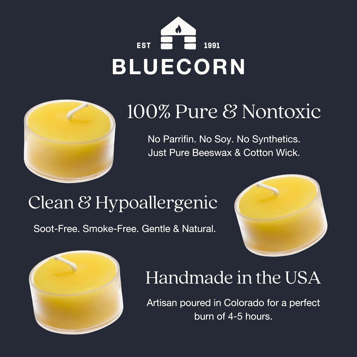Bluecorn Beeswax Tea Light Candles, 100% Pure Natural Bees Wax, Yellow Tea Lights, Fragrance Free, Paraffin & Soy Free Candle Wax, Clean Burning, Long Lasting (4-5 Hrs), American Made, 24 Pack