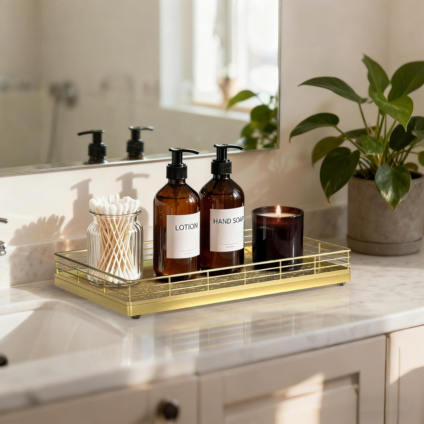 Bathroom Vanity Tray for Countertop, 12" x 6" Acacia Wood Toilet Tank Tray with Metal Guardrail, Bathroom Organizer for Soap, Perfume & Skincare, Non-Slip Decorative Tray for Dresser, Black & Acacia